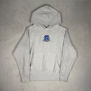 Y2K Mens Big Blue Baseball Embroidered Hoodie Heather Gray Medium